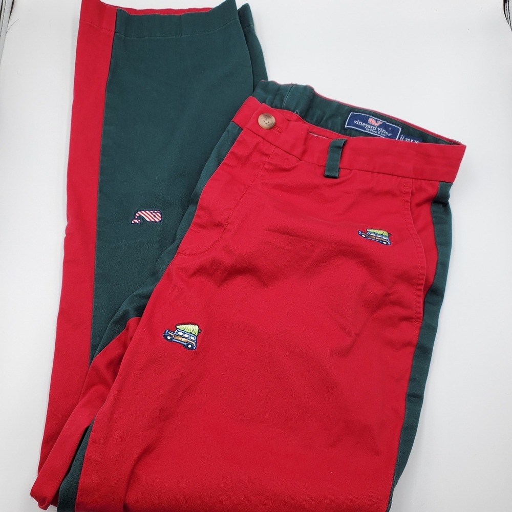 Vineyard Vines Men Two Tone Red Green Whale & Car Embroidered Chinos Pants 32x29
